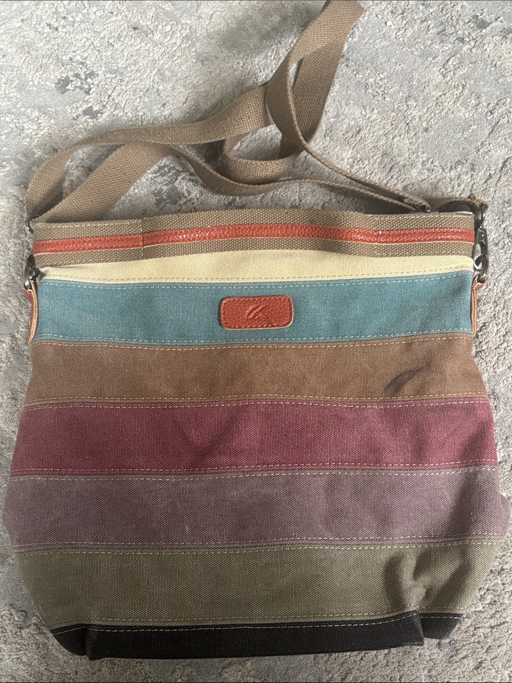 Striped Canvas Crossbody Bag - Brown, Teal, Burgundy